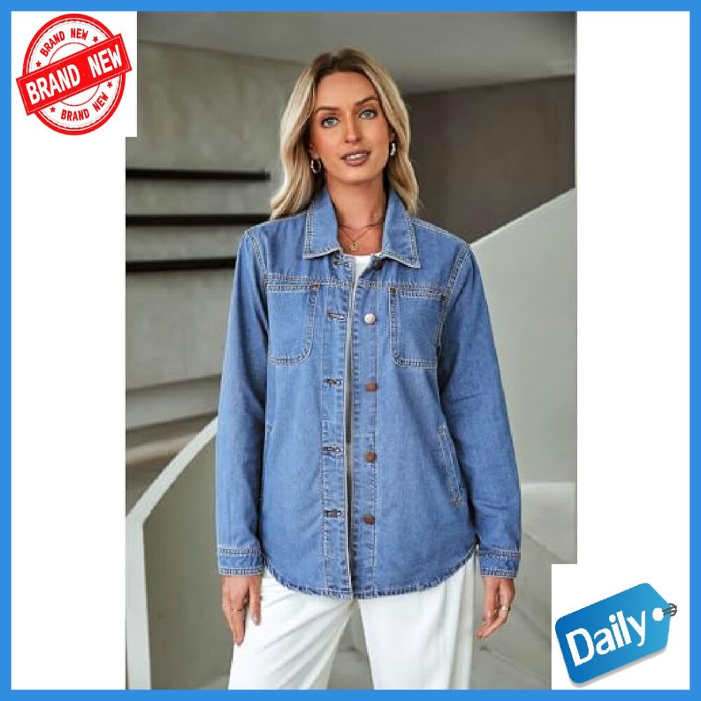 Denim Shacket Button Down Jacket with Pockets Rel… - image 6